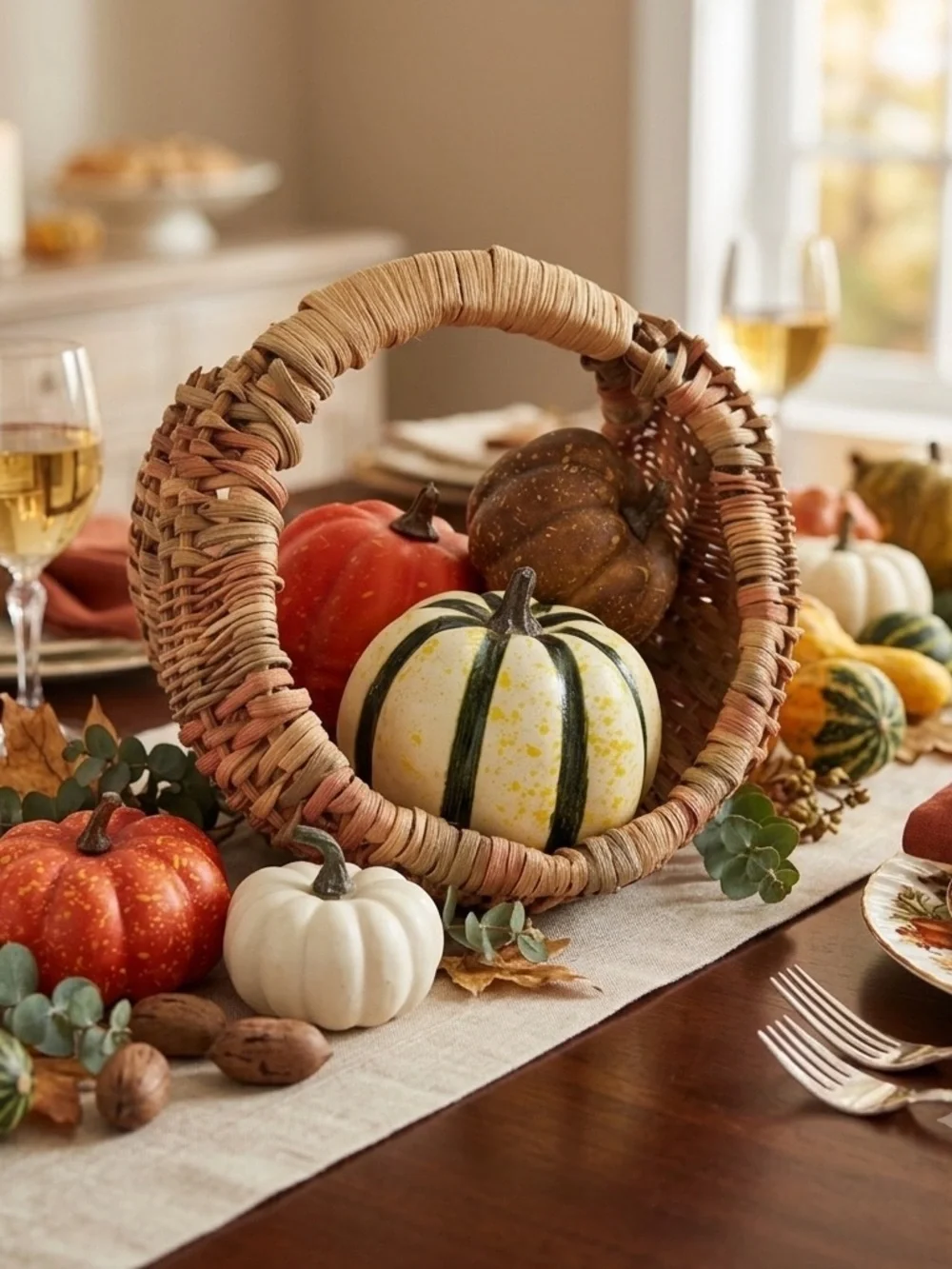 Decorative Woven Basket with Assorted Fall Pumpkins - Natural/Tan